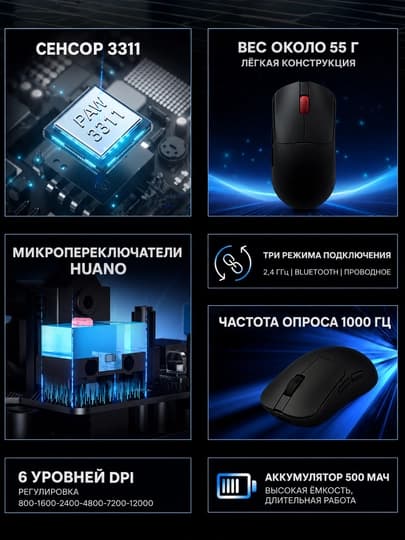 Беспроводная игровая мышь AULA SC380 Pro, PAW3311, 55 г, 2.4G, Bluetooth, черная
